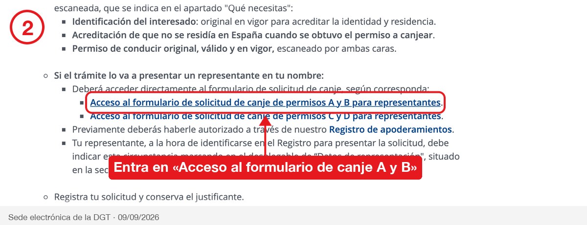 Enlaces de acceso al formulario de canje de permisos A y B en el canal Registro electrónico