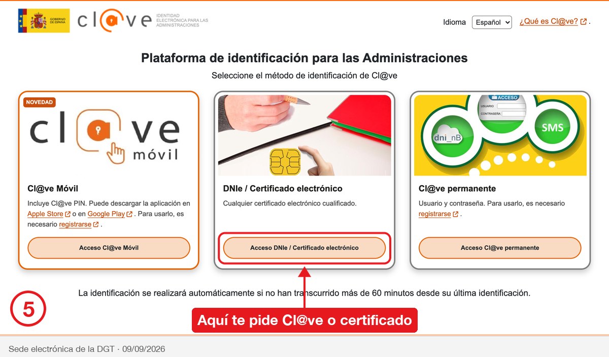 Pasarela de Cl@ve con las tres formas de identificación y el acceso con certificado señalado