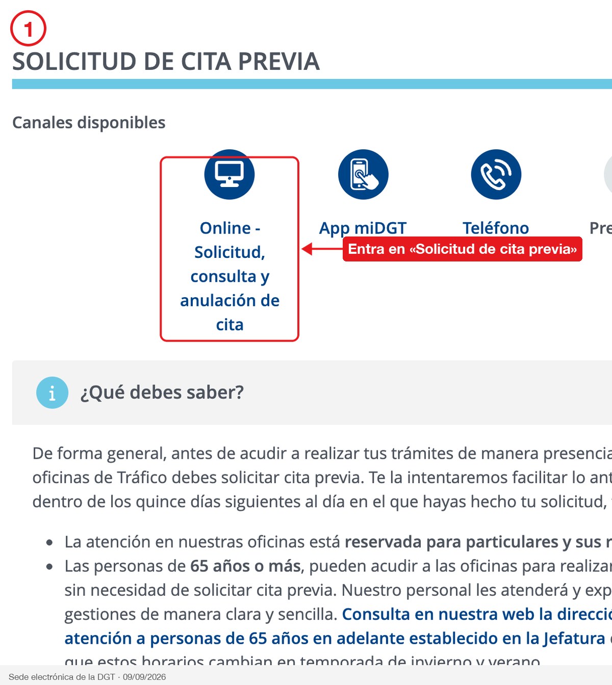 Canal Online de la página de solicitud de cita previa de la DGT señalado en rojo