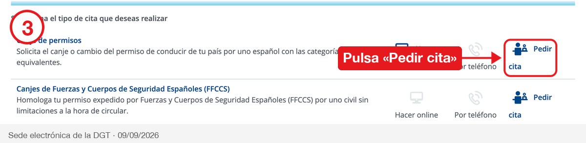 Catálogo de trámites con el botón Pedir cita del canje de permisos señalado