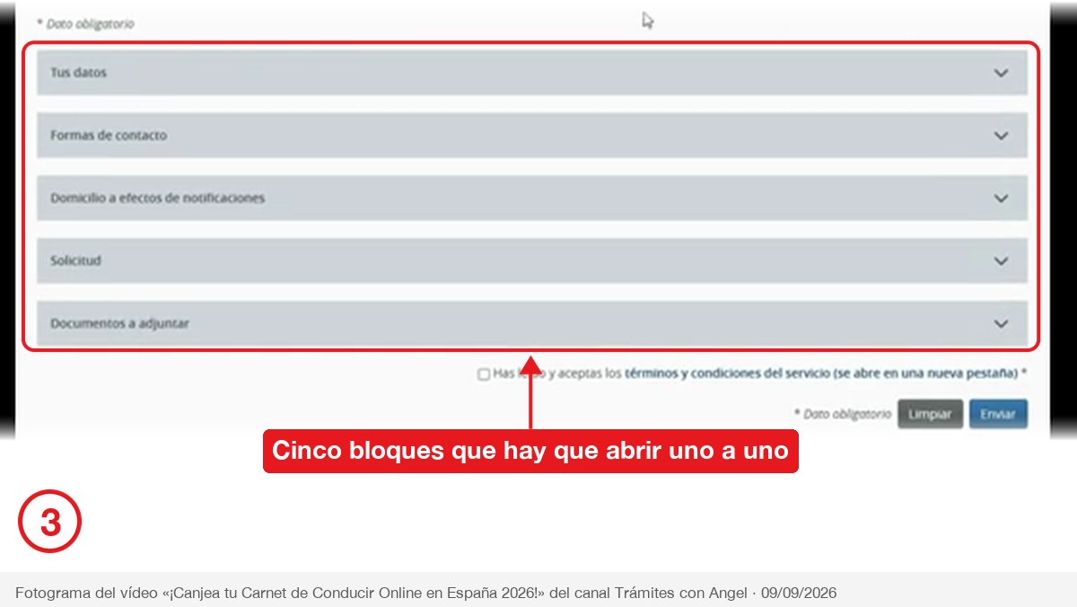 Los cinco bloques plegados del formulario de canje de la DGT