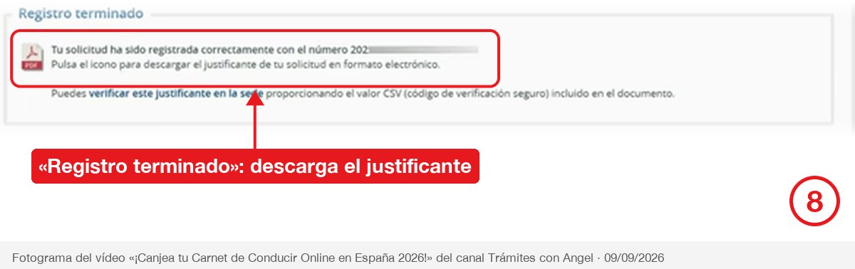 Mensaje Registro terminado con el número de solicitud y el justificante en PDF