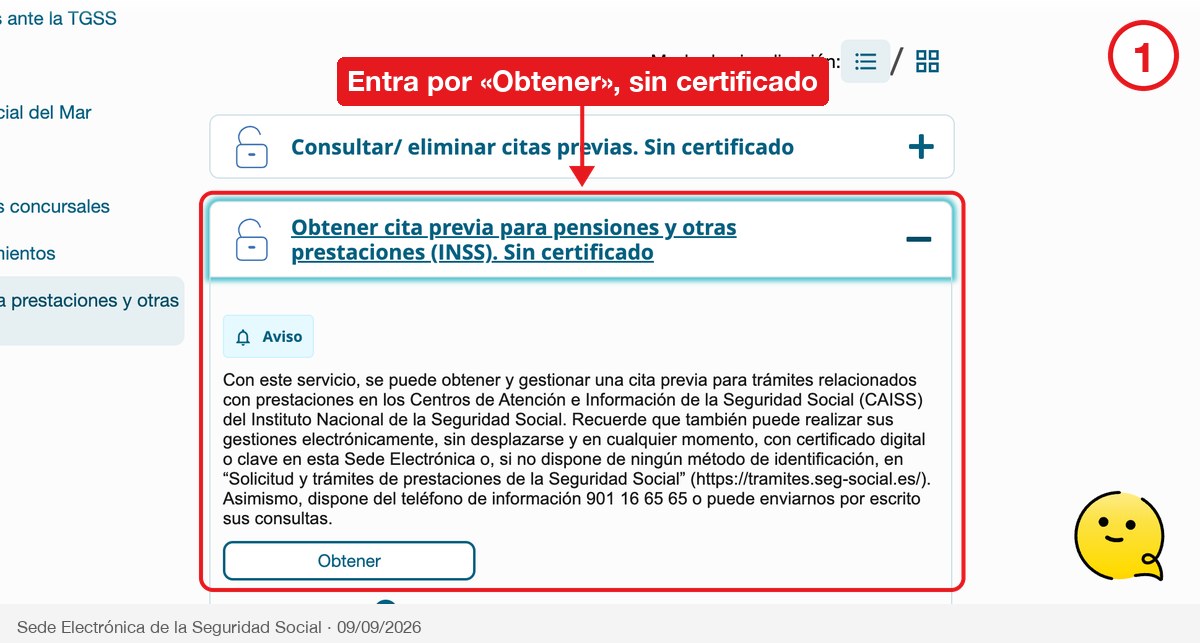 Bloque «Obtener cita previa para pensiones y otras prestaciones (INSS). Sin certificado» desplegado con el botón Obtener