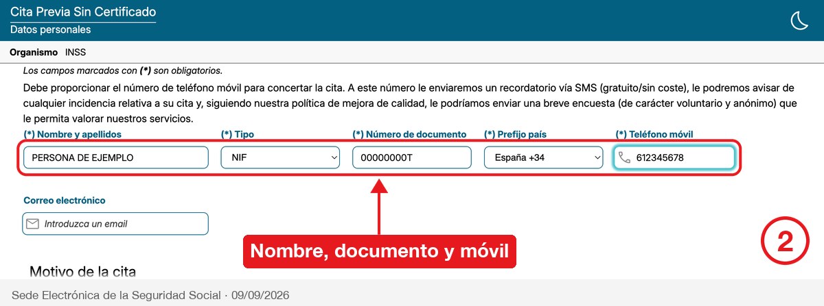 Fila de campos de datos personales del asistente con nombre, tipo de documento, número, prefijo y móvil rodeados