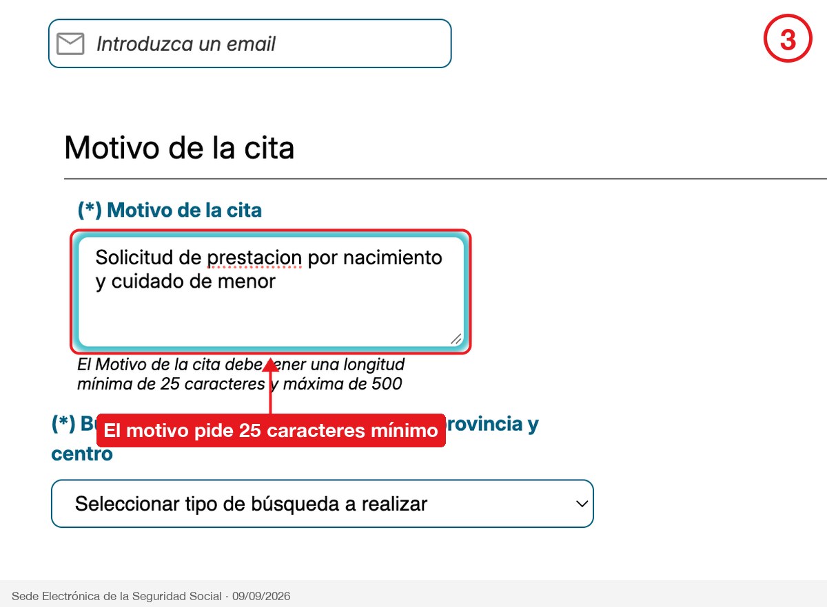 Campo Motivo de la cita relleno con el aviso de longitud mínima de 25 caracteres