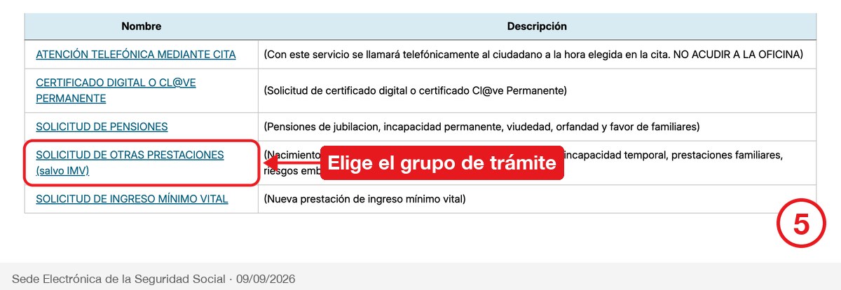Listado de grupos de trámite de la cita del INSS con Solicitud de otras prestaciones señalada