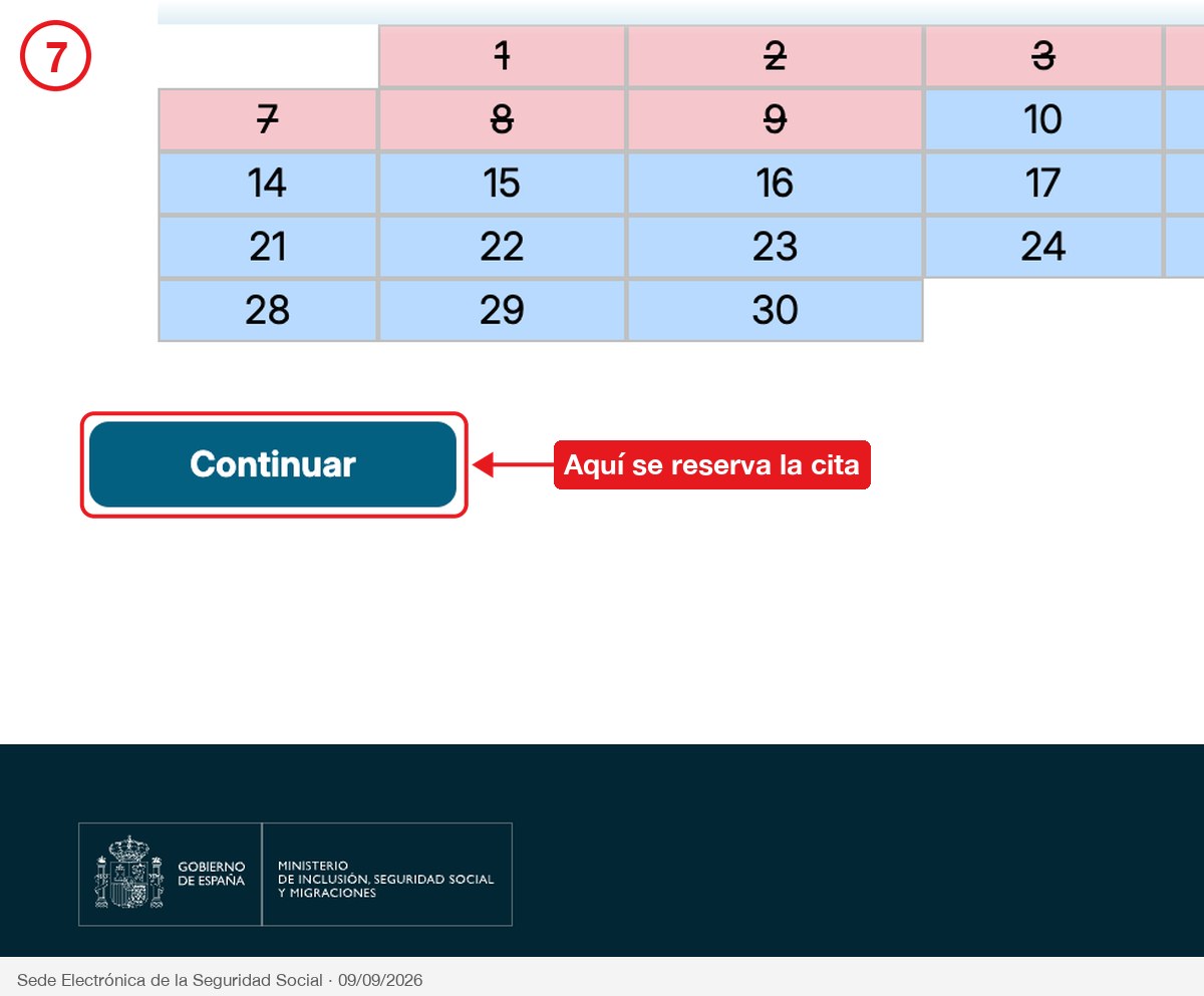 Calendario de disponibilidad y botón Continuar al final de la pantalla de cita
