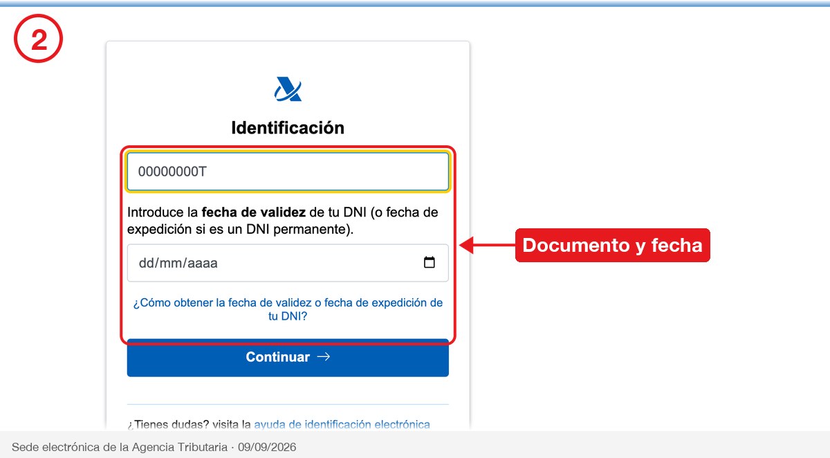 Formulario de identificación con el DNI y la fecha de validez rodeados