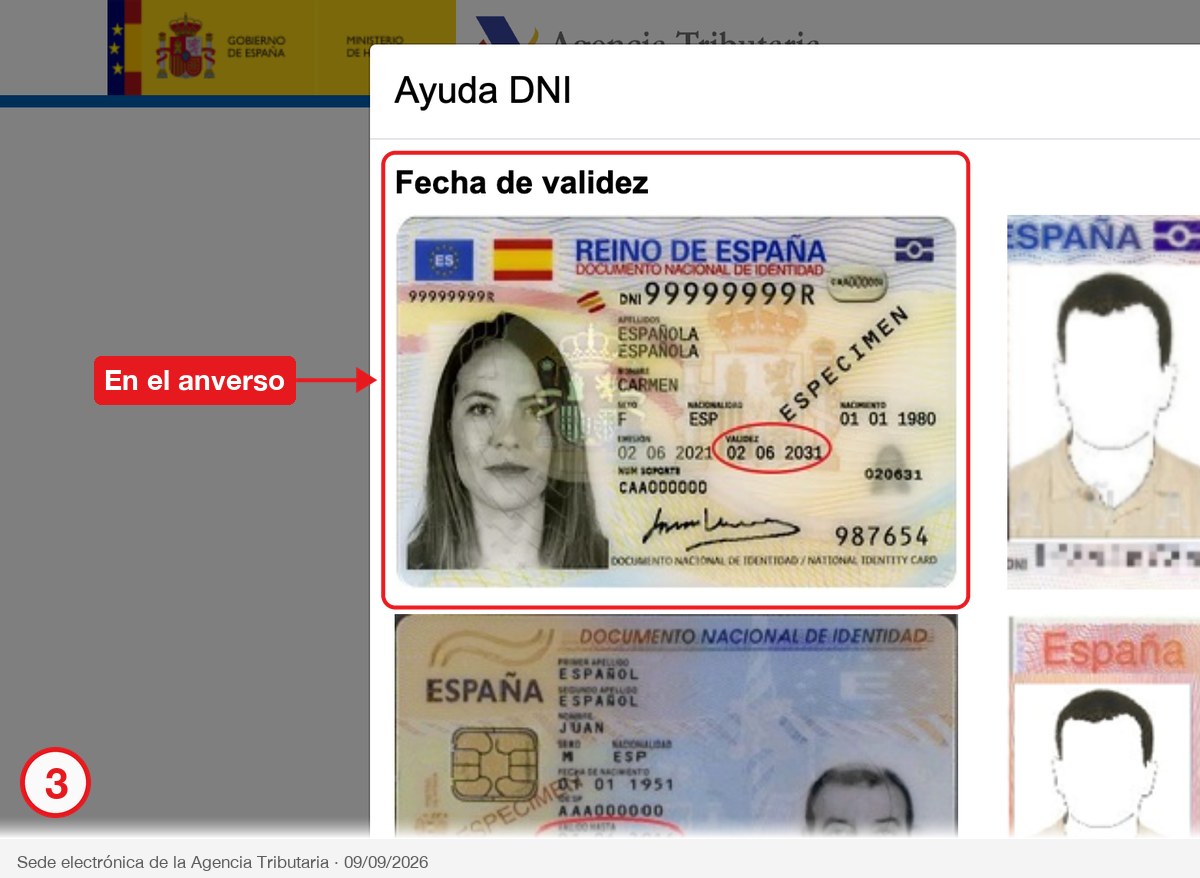 Ventana de ayuda de la sede con la fecha de validez rodeada sobre el anverso del DNI