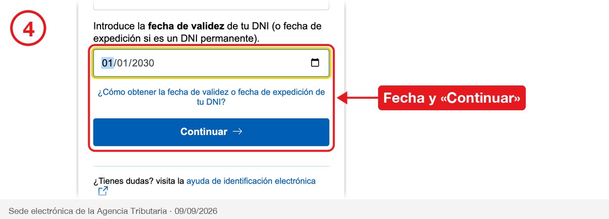 Formulario con la fecha escrita y el botón Continuar rodeados