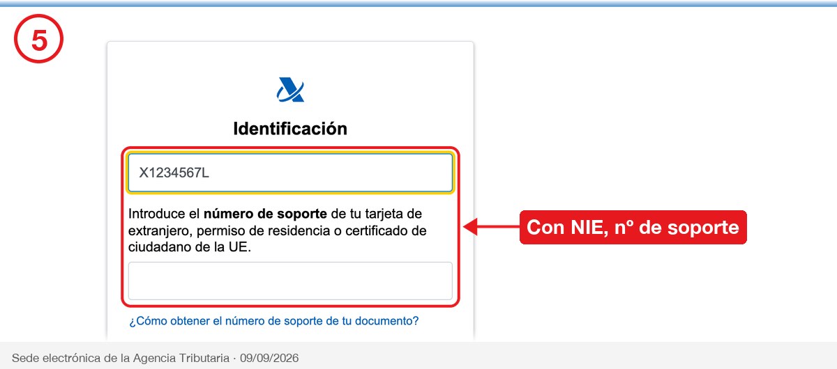 Formulario con un NIE y el campo del número de soporte rodeados