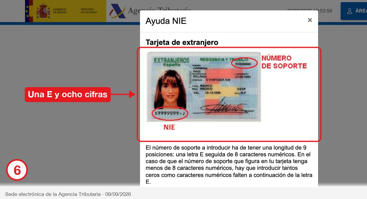 Ventana de ayuda con el número de soporte rodeado sobre una tarjeta de extranjero