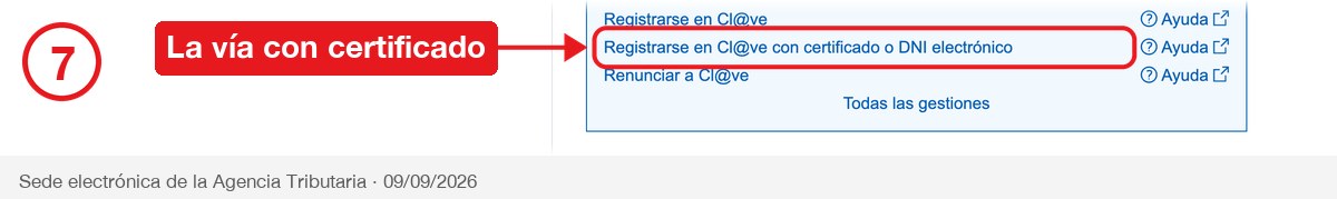 Enlace Registrarse en Cl@ve con certificado o DNI electrónico, señalado en rojo