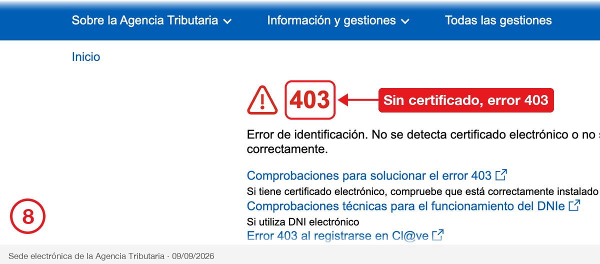 Página de error 403 de la sede electrónica por falta de certificado
