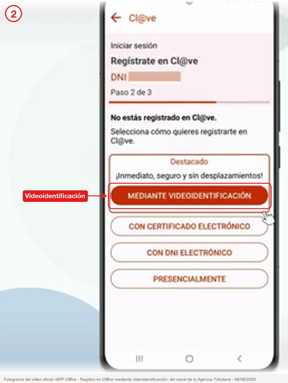 Menú de la APP Cl@ve con el botón MEDIANTE VIDEOIDENTIFICACIÓN señalado
