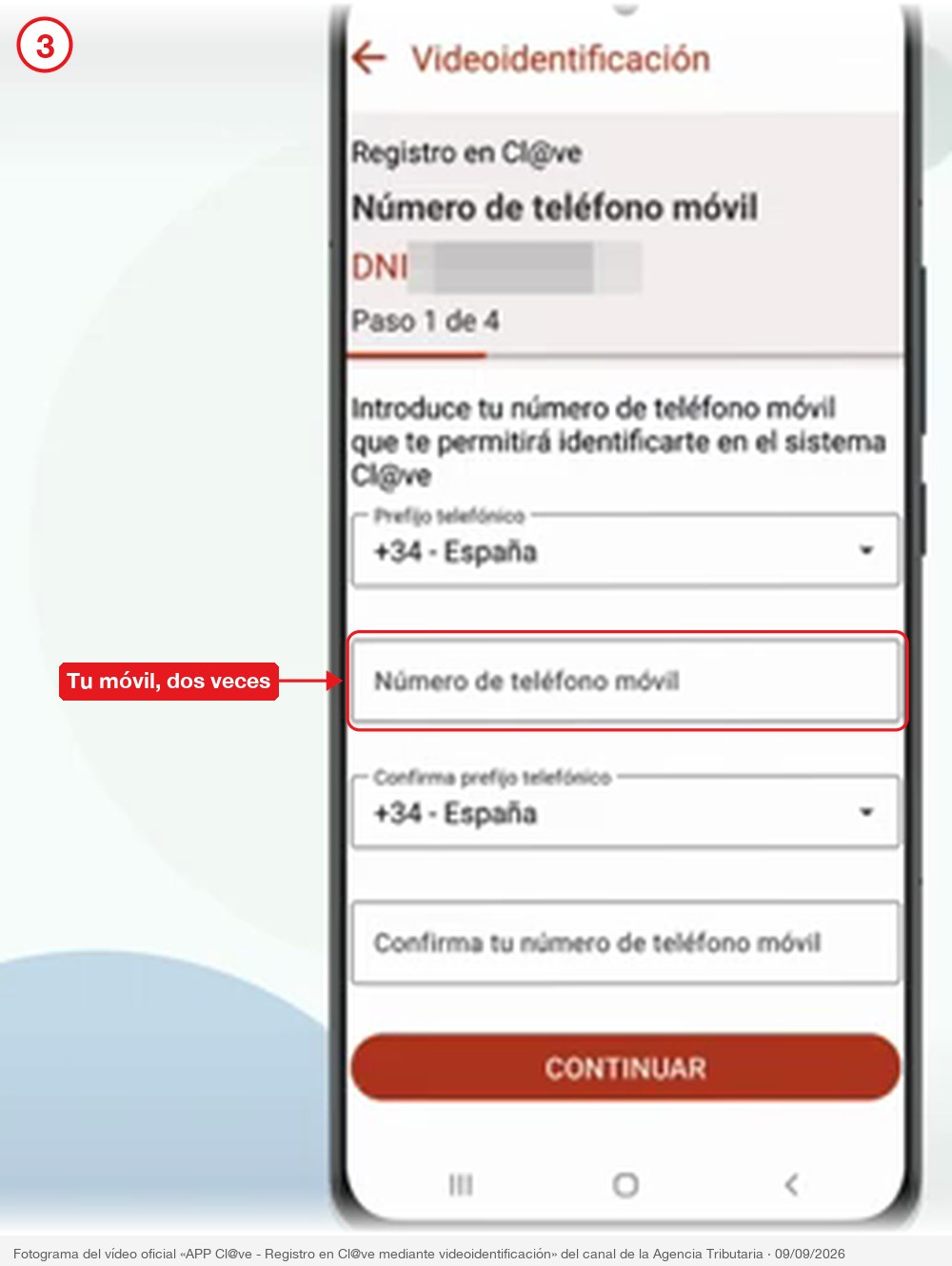 Pantalla del número de teléfono móvil en la APP Cl@ve con el campo señalado