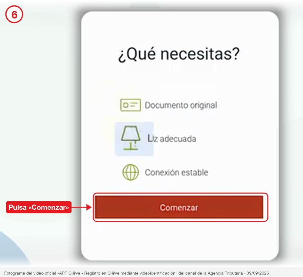 Lista de requisitos de la videoidentificación con el botón Comenzar señalado