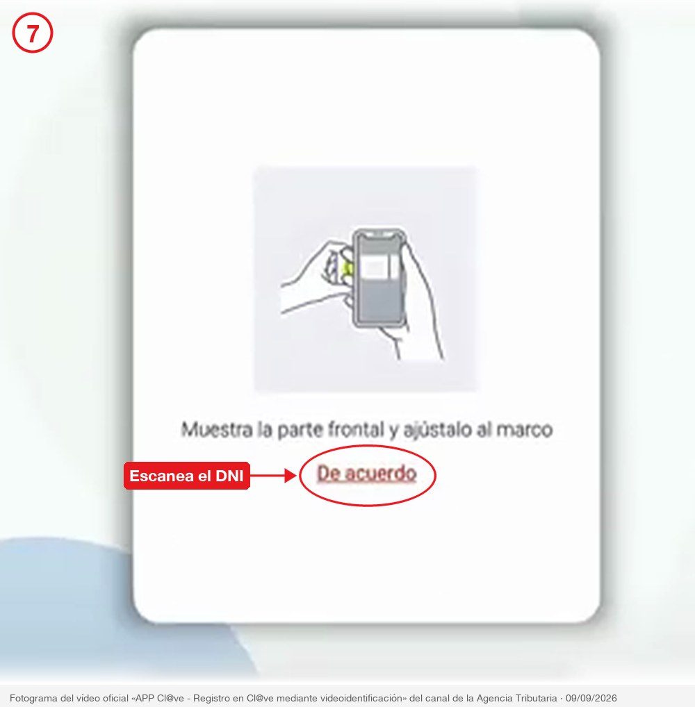 Pantalla de escaneo del DNI con el botón De acuerdo señalado