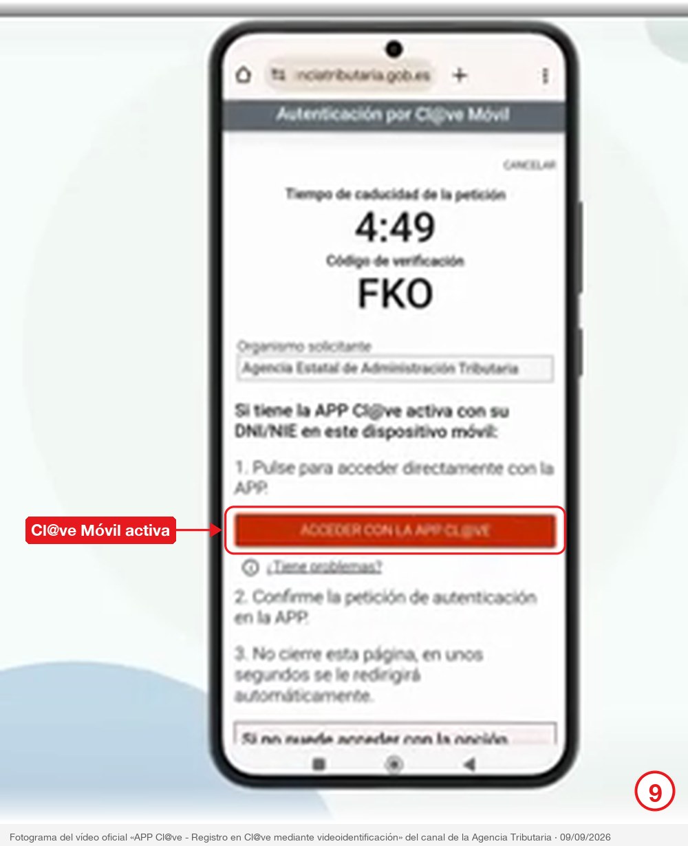 Pantalla de autenticación por Cl@ve Móvil con el botón de acceso señalado