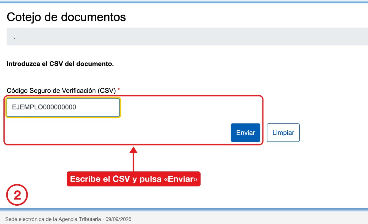 Formulario de la Agencia Tributaria con el CSV escrito y el botón Enviar señalado