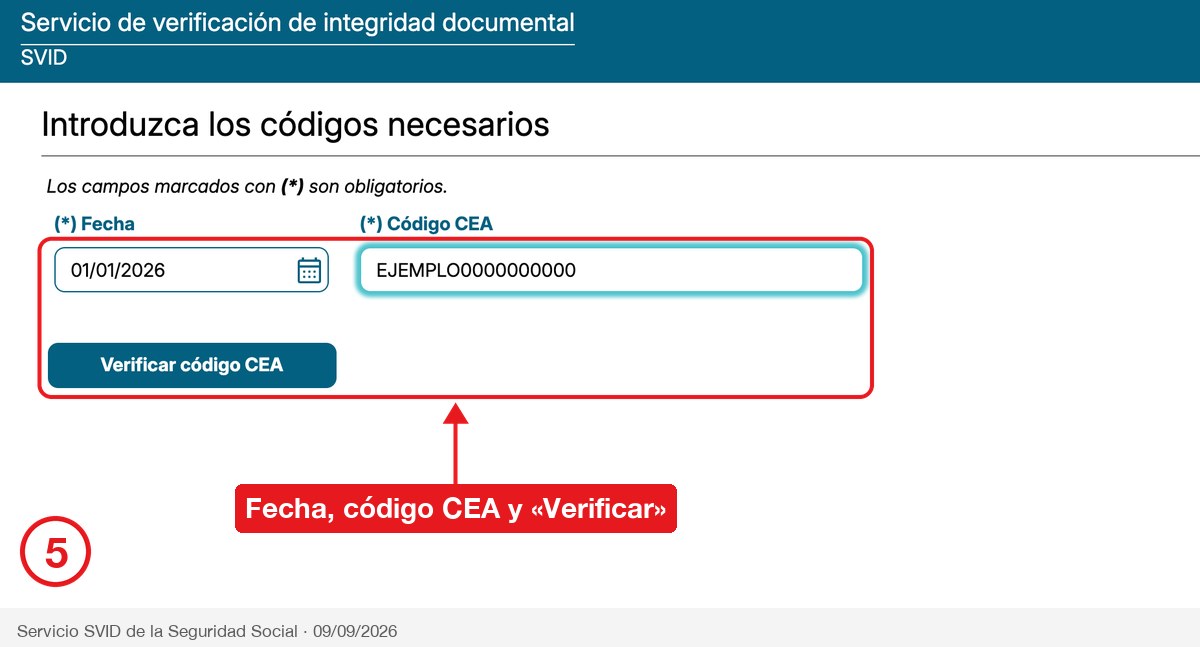 Formulario del SVID con la fecha y el código CEA rellenos y el botón Verificar señalado