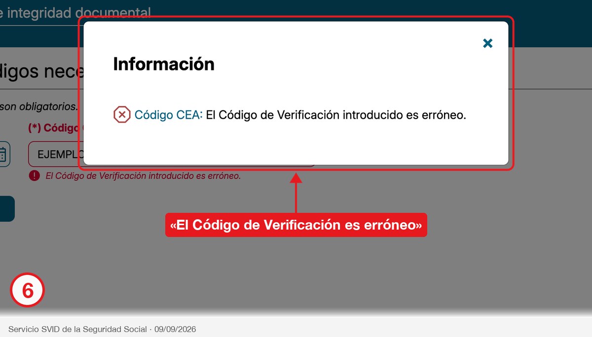 Ventana de la Seguridad Social avisando de que el código de verificación introducido es erróneo