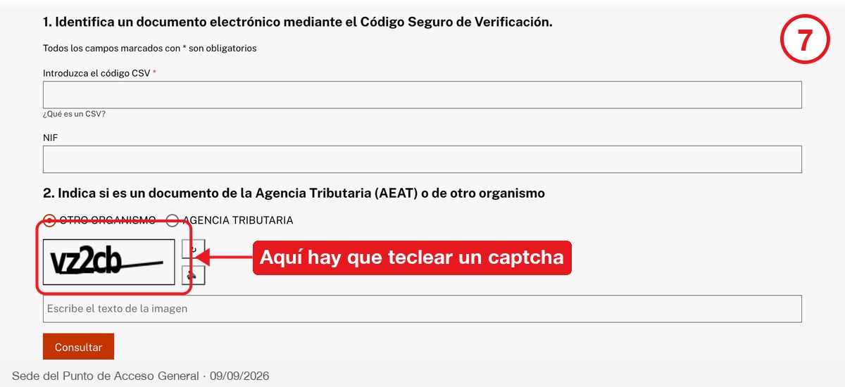 Verificador de CSV del Punto de Acceso General con el captcha señalado