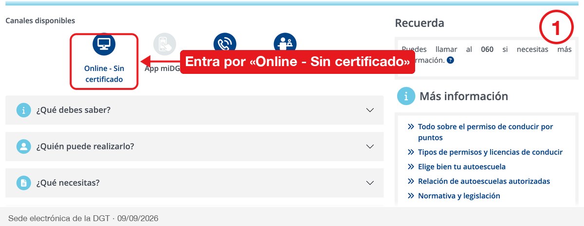 Ficha del trámite de la DGT con el canal Online - Sin certificado señalado en rojo