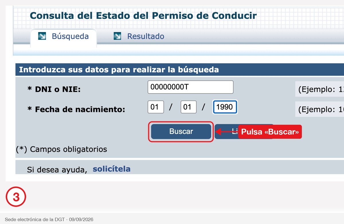 Formulario relleno con el botón Buscar señalado