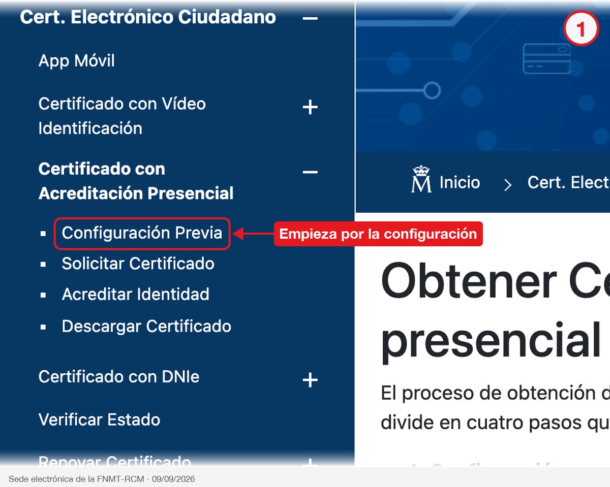 Menú de la sede de la FNMT con las cuatro fases y Configuración Previa señalada