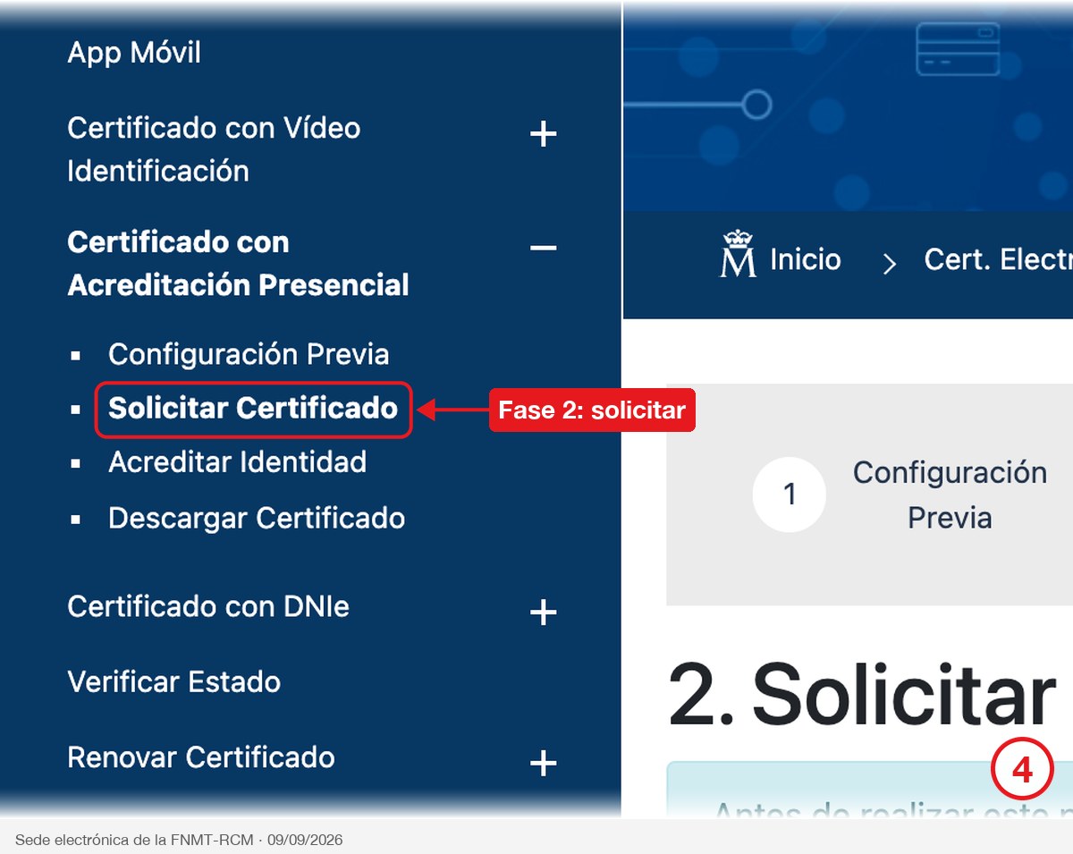 Página 2. Solicitar Certificado de la sede de la FNMT con la entrada del menú señalada