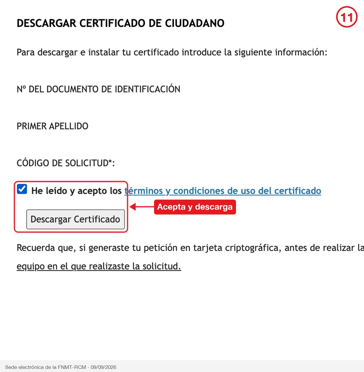 Casilla de términos y botón Descargar Certificado rodeados