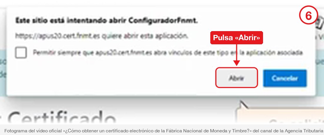 Aviso del navegador para abrir el Configurador FNMT con el botón Abrir señalado