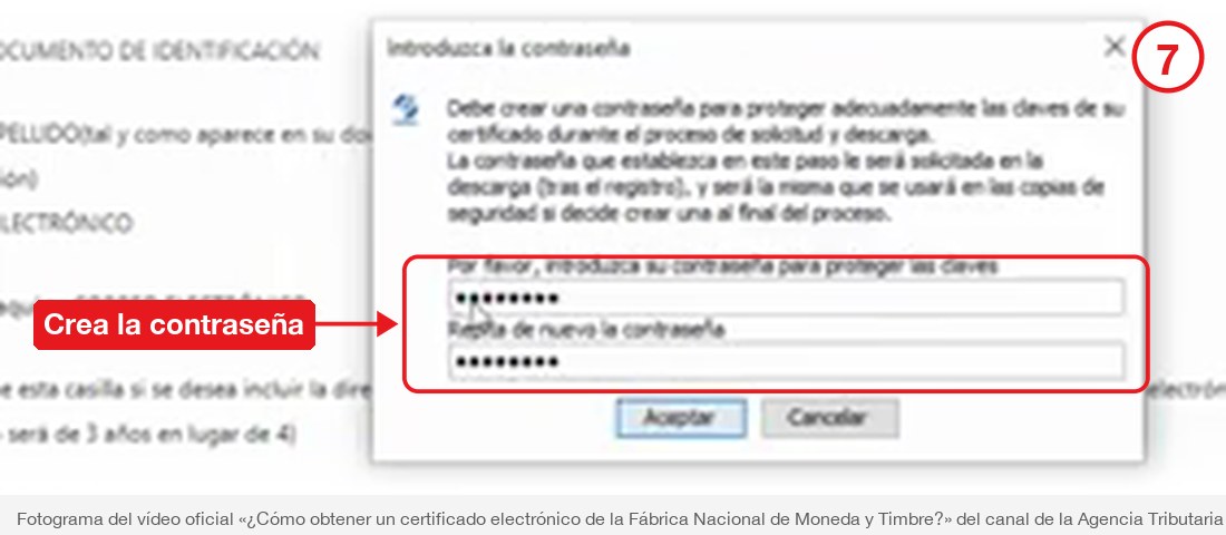 Ventana del Configurador FNMT pidiendo crear la contraseña de las claves