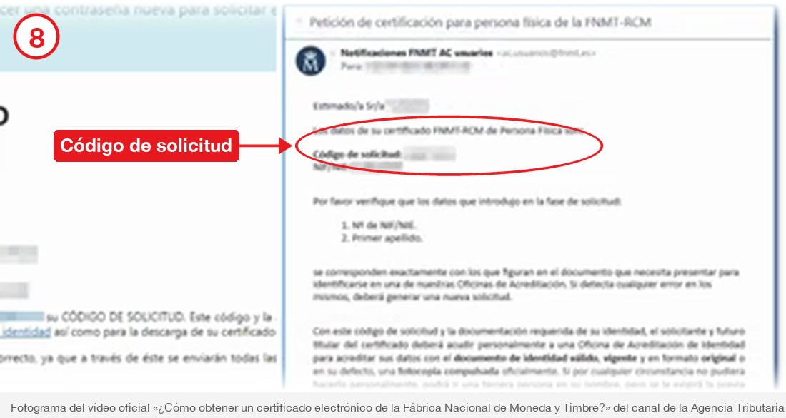 Correo de la FNMT con el código de solicitud rodeado