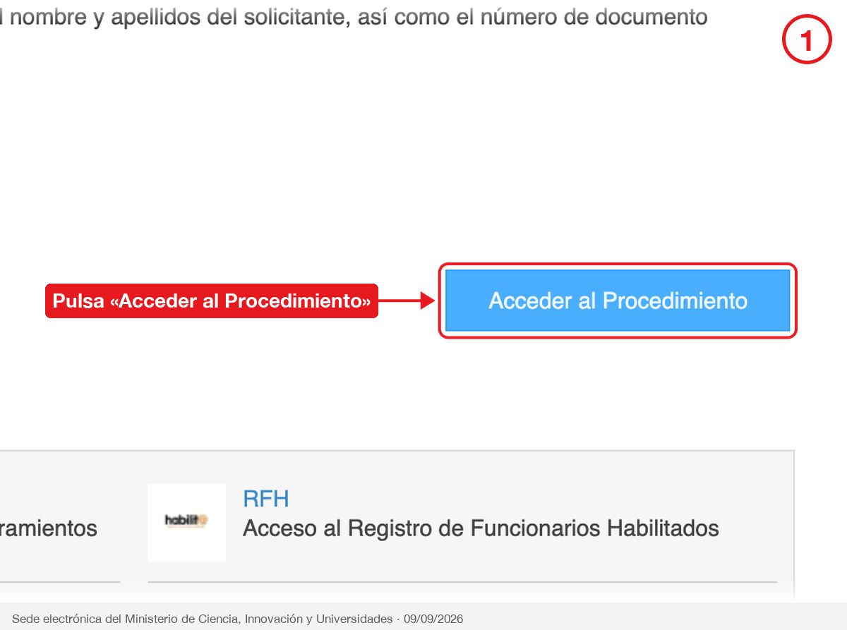 Ficha del procedimiento de homologación con el botón Acceder al Procedimiento señalado