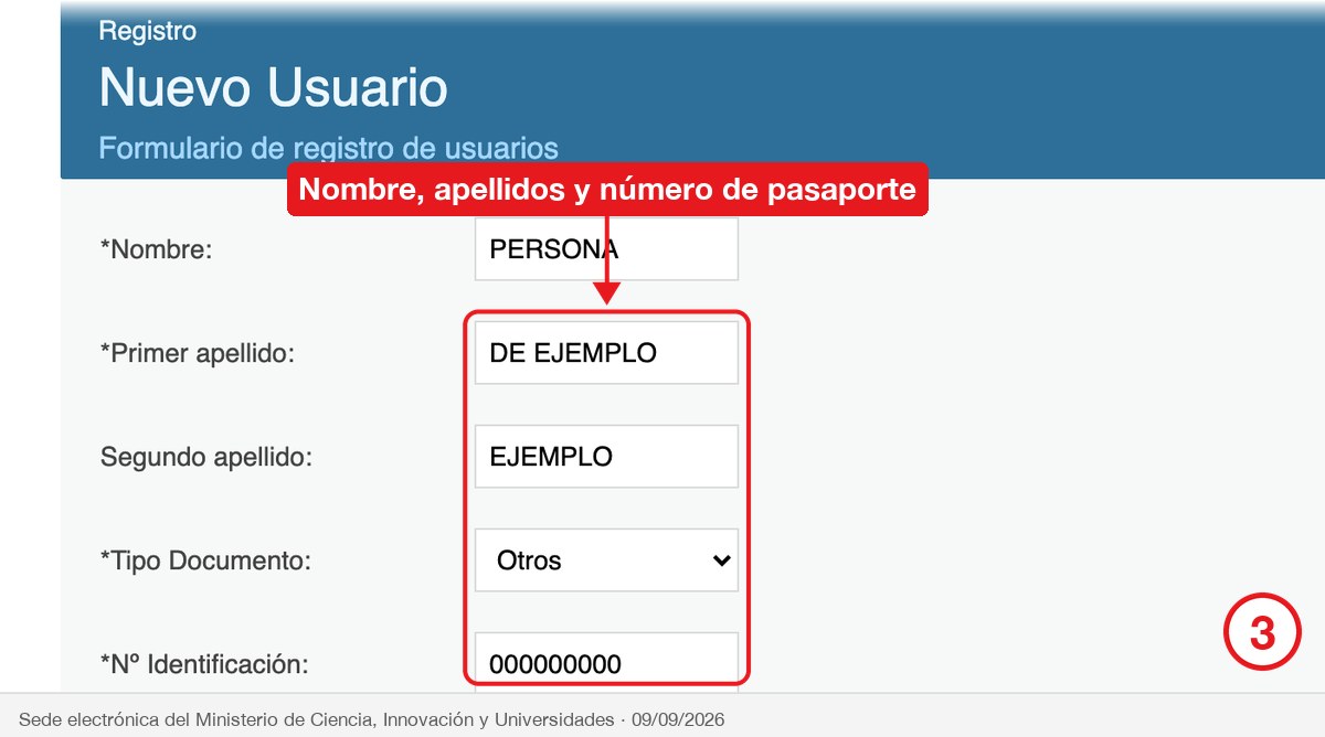 Bloque de datos personales del registro de usuario con nombre, apellidos y documento rodeados