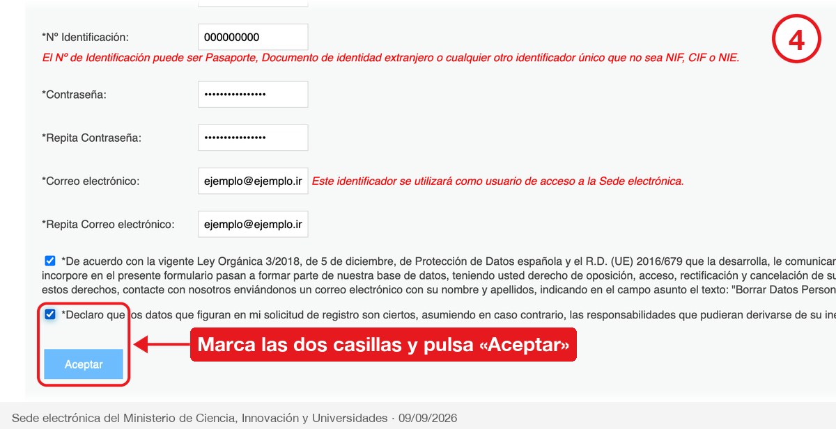 Campos de contraseña y correo del registro con las casillas de declaración y el botón Aceptar señalados