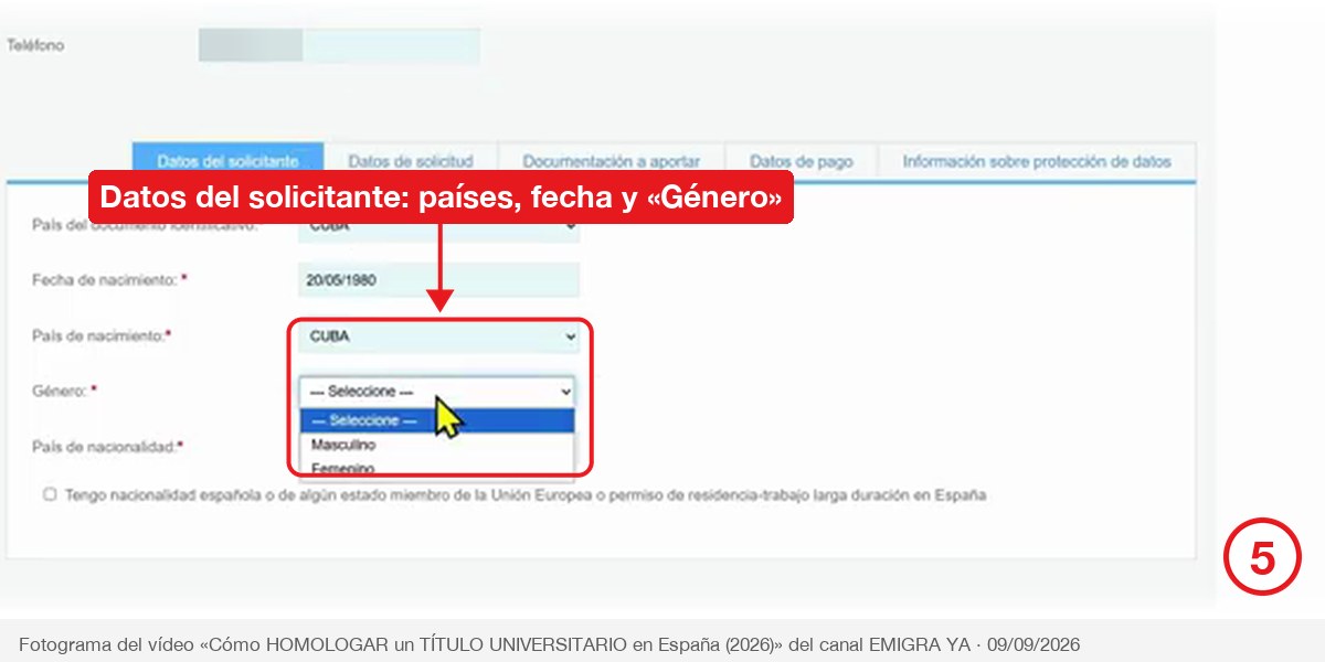 Pestaña Datos del solicitante del formulario de homologación con los países y el género señalados