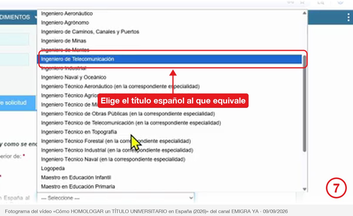 Desplegable con la lista de títulos españoles habilitantes