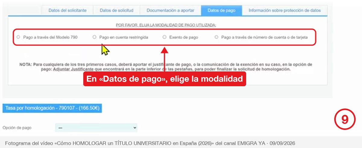 Pestaña Datos de pago con las cuatro modalidades de pago de la tasa rodeadas