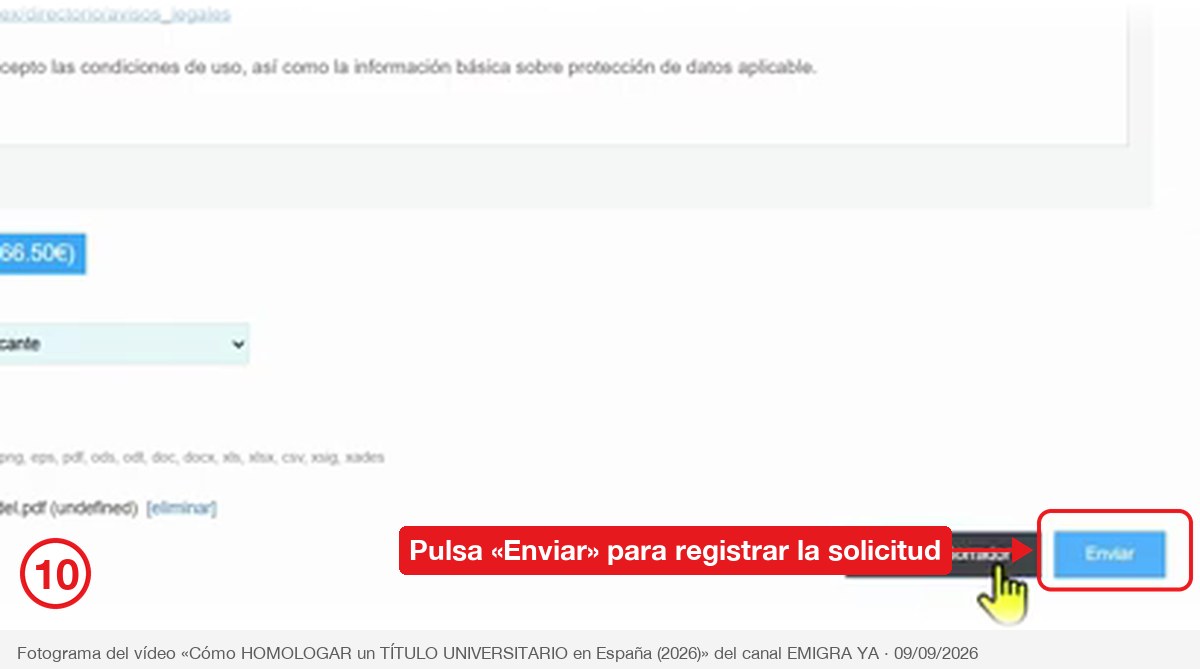 Botón Enviar del formulario de homologación señalado en rojo