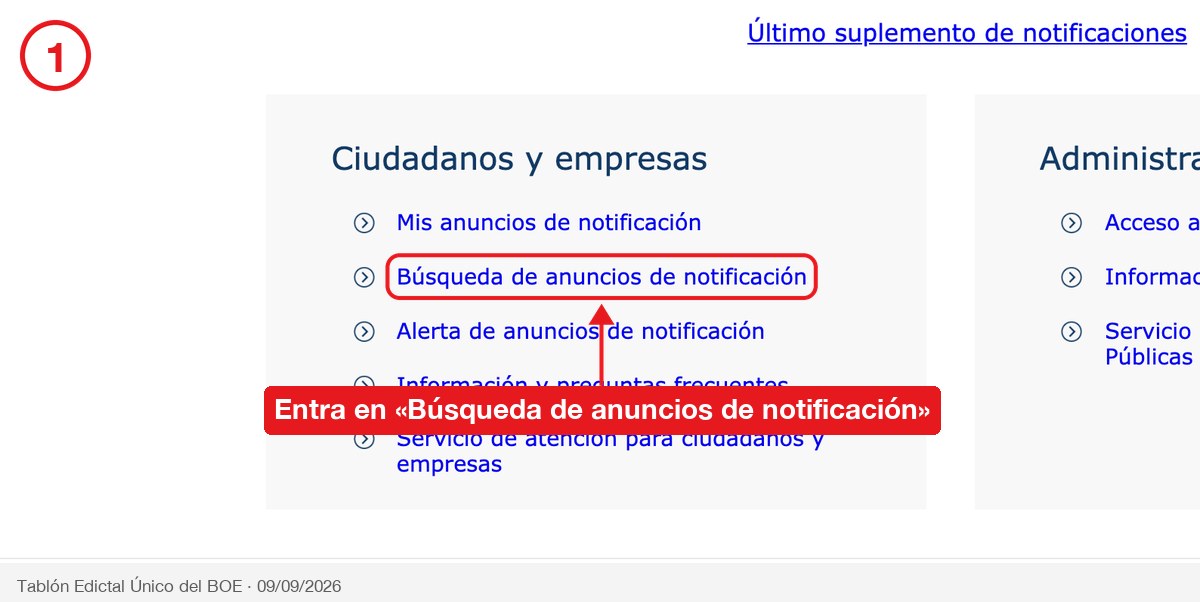 Portada del Tablón Edictal Único del BOE con el enlace «Búsqueda de anuncios de notificación» señalado