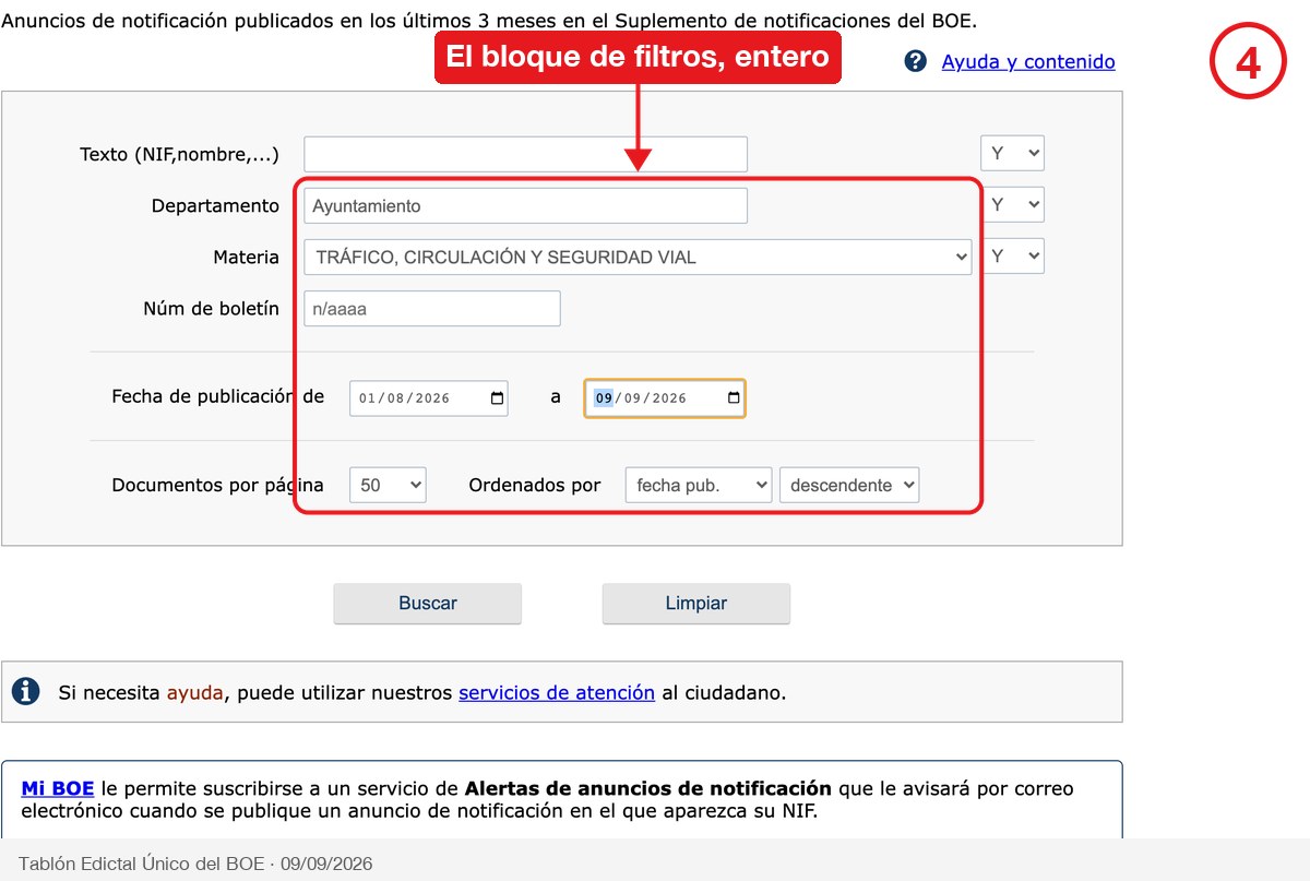 Bloque de filtros del buscador del BOE: departamento, materia, número de boletín, fechas y orden