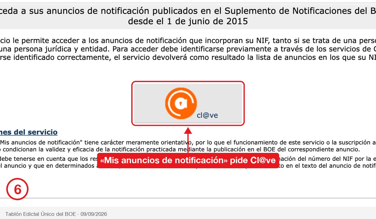 Pantalla de «Mis anuncios de notificación» del BOE con el botón de Cl@ve señalado