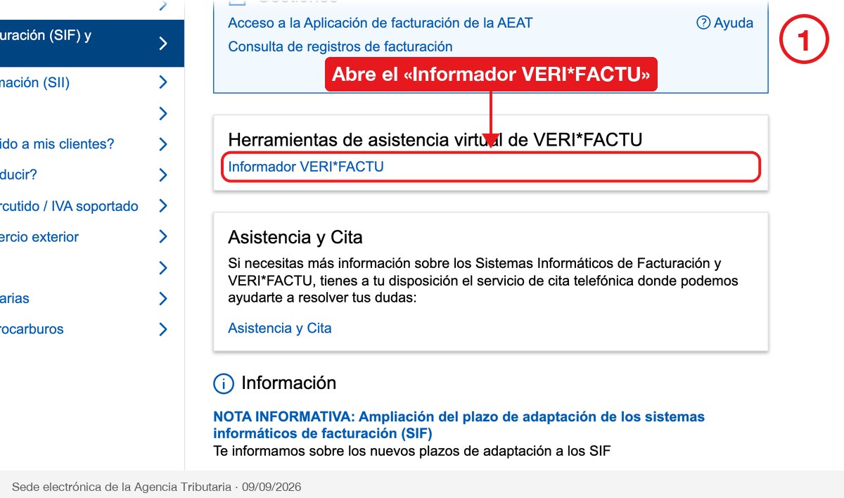 Portal de VERI*FACTU en la sede de la Agencia Tributaria con el enlace «Informador VERI*FACTU» señalado