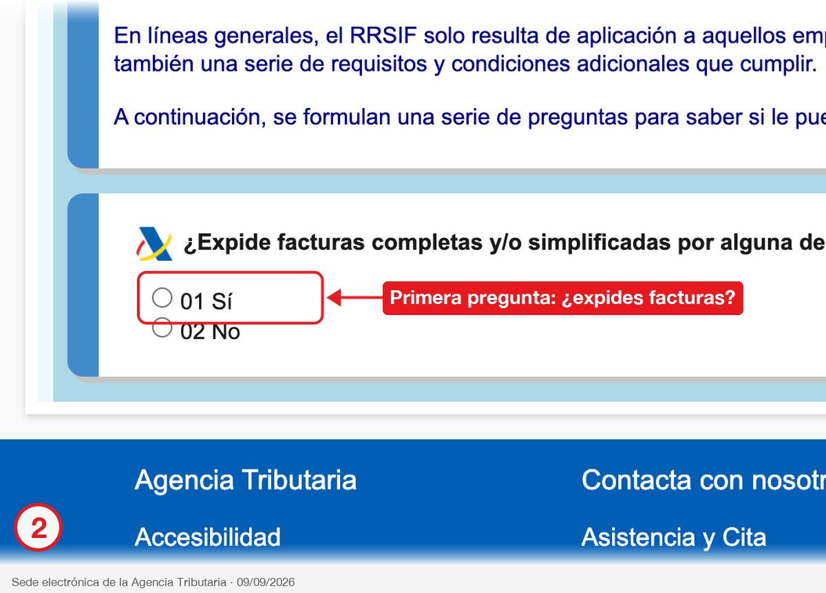 Primera pregunta del Informador VERI*FACTU: ¿expide facturas completas o simplificadas? Con la respuesta «01 Sí» rodeada