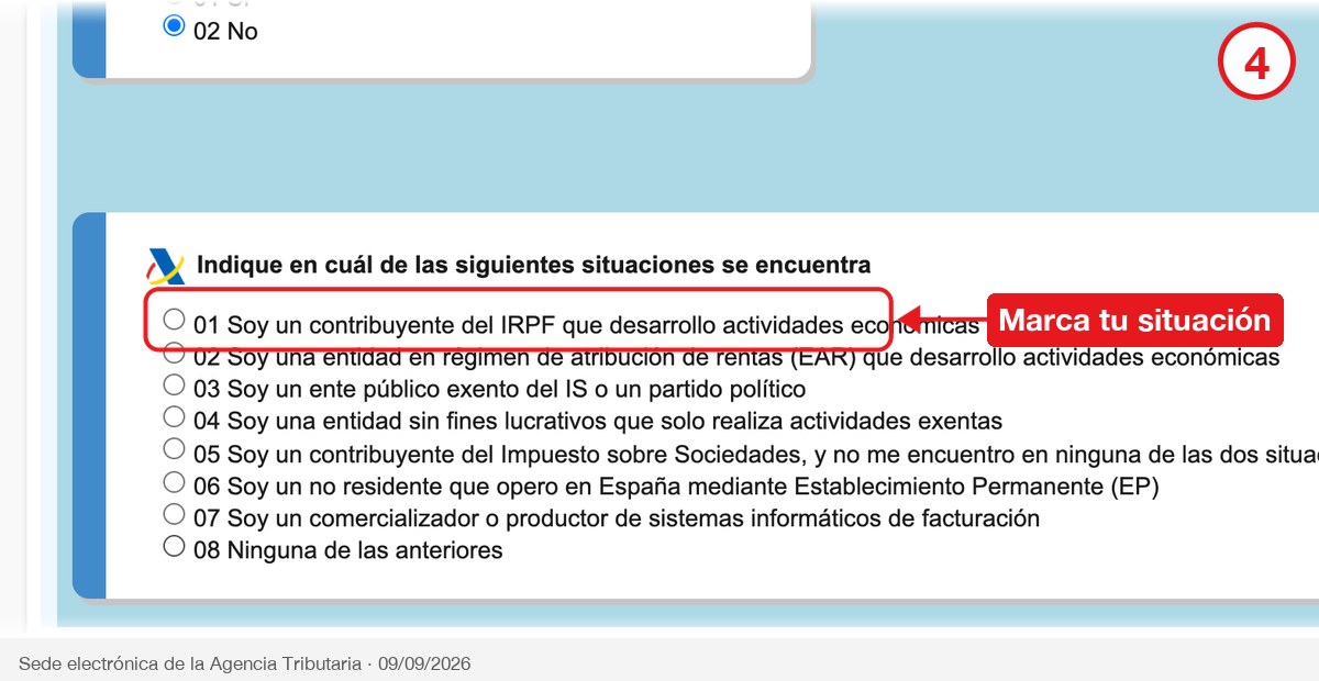 Pregunta del Informador VERI*FACTU sobre la situación del contribuyente, con la opción del IRPF rodeada