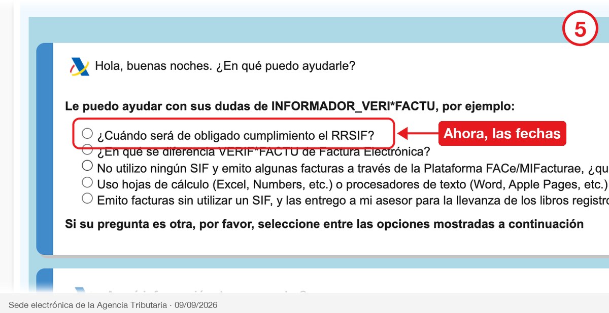Menú del Informador VERI*FACTU con la duda «¿Cuándo será de obligado cumplimiento el RRSIF?» señalada