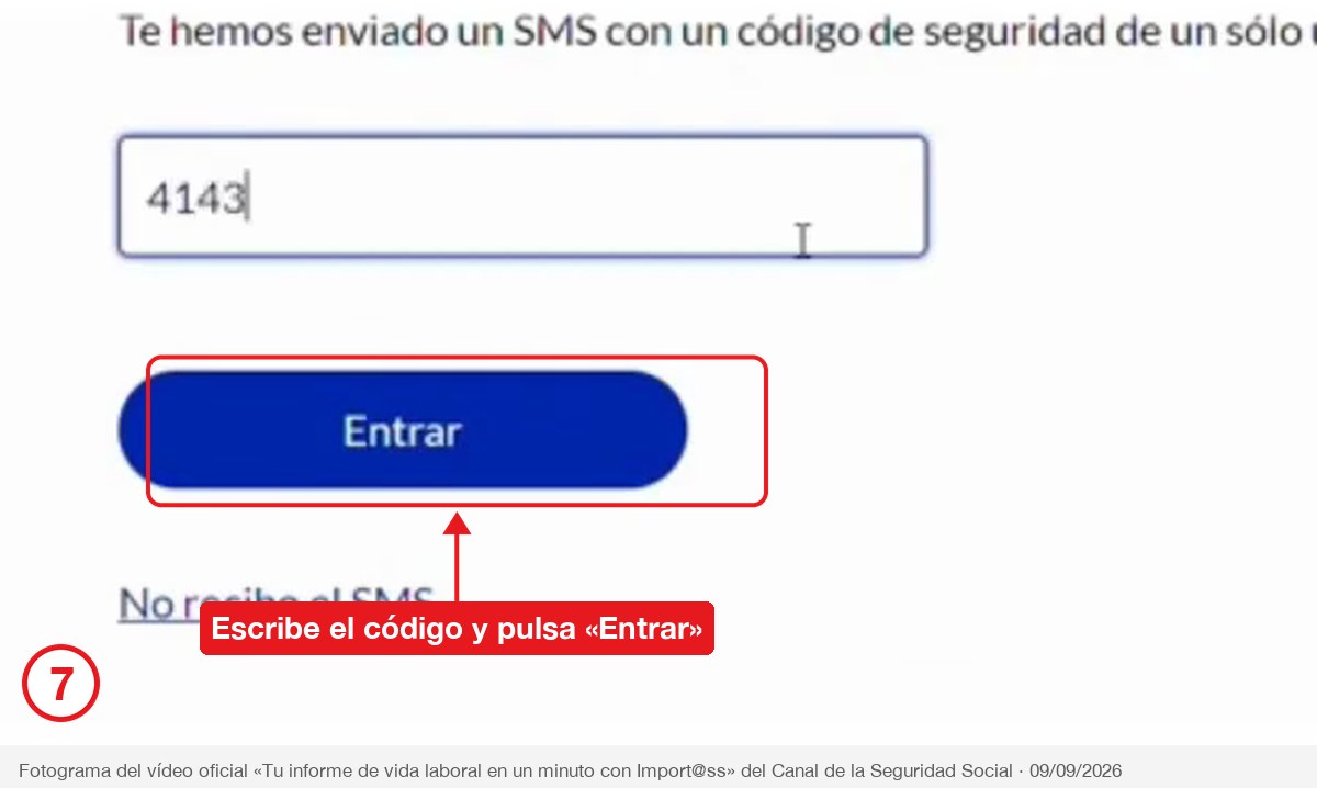 Paso 7: pantalla del código de seguridad recibido por SMS